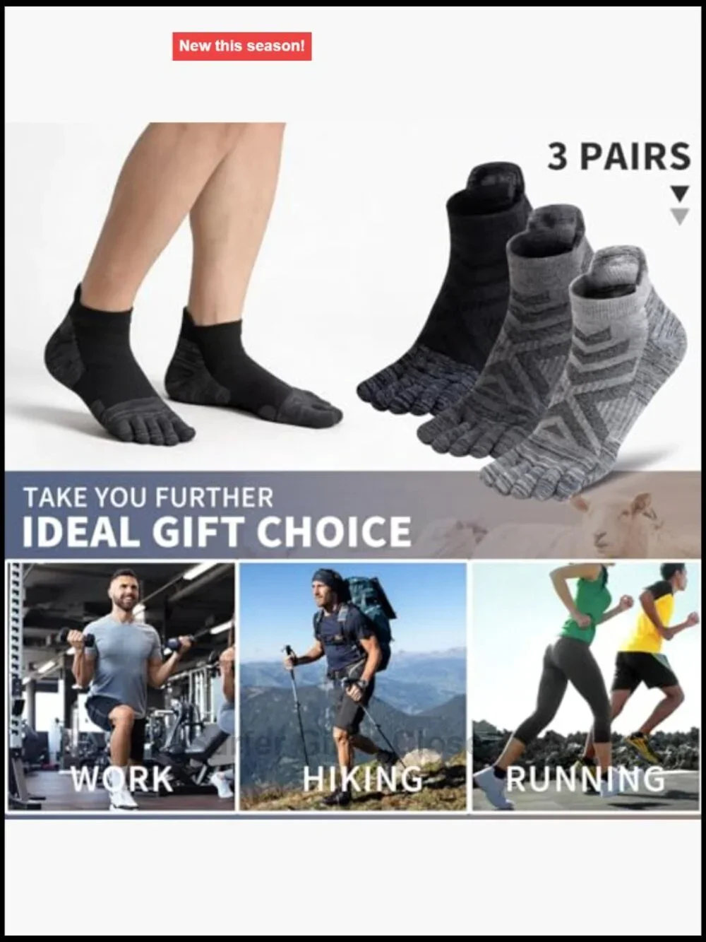 Merino Wool Toe Socks - 3 Pairs - Thick Cushion Hiking Running with Arch Support